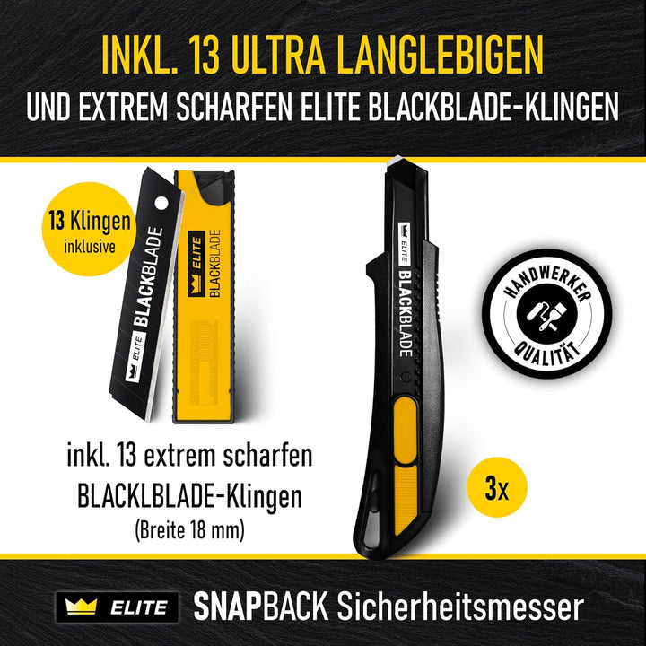 3x ELITE SNAPBACK Sicherheitsmesser Set inkl. 13x Ersatzklingen – Extrem langlebiges Universal-Cutte