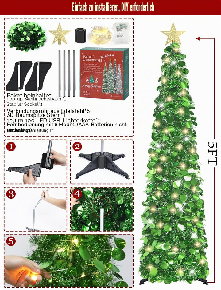 HMASYO 150 cm Pop-Up Lametta Weihnachtsbaum mit 50 Timer-Lichtern, Grün Zusammenklappbarer Künstlich