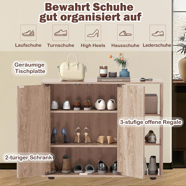COSTWAY Schuhschrank, Schuhregal mit 2 Türen, verstellbaren offenen Regalen, Schuhkommode, Schuhaufb
