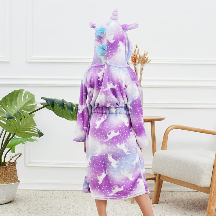 Ceruwum Einhorn Bademantel für Mädchen Weich Fleece Morgenmäntel mit Kapuze 4-5 Jahre Lila Einhorn,