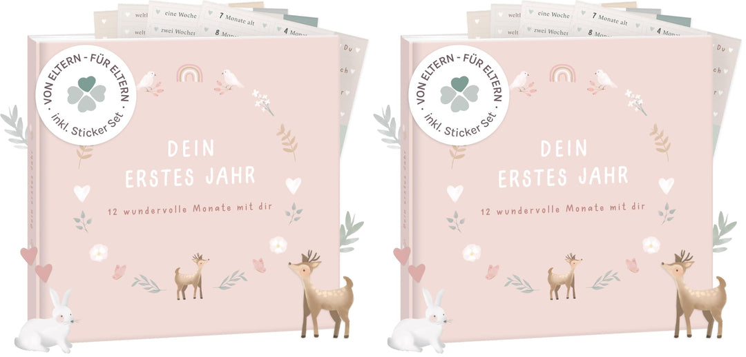 mintkind® Mein erstes Jahr Babyalbum Blumen rosa – zartes Babytagebuch mit 176 Seiten und Sticker-Se