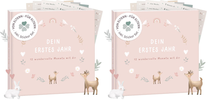 mintkind® Mein erstes Jahr Babyalbum Blumen rosa – zartes Babytagebuch mit 176 Seiten und Sticker-Se