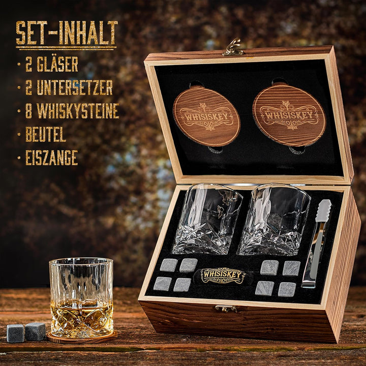 Whisiskey - Whisky Gläser Set - Whisky Zubehör Set – 2 Twisted Whiskey Gläser - 8 Whisky Steine - Wh