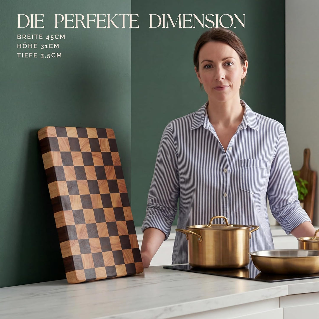 Deer & Oak Stirnholz Akazien Schneidebrett mit Schachmuster & lebensmittelechtem Öl Set – 45 x 31 x