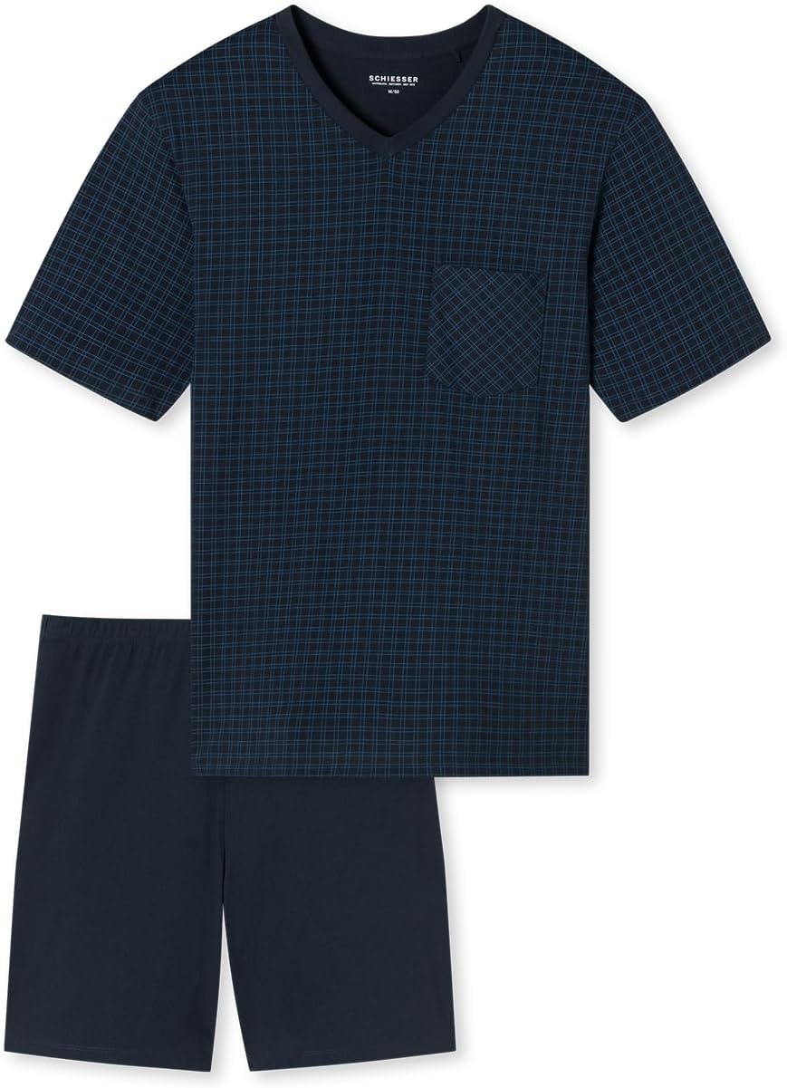 Schiesser Herren Schlafanzug Kurz V-Ausschnitt - Nightwear Set Pyjamaset (1er Pack) 48 Nachtblau_182