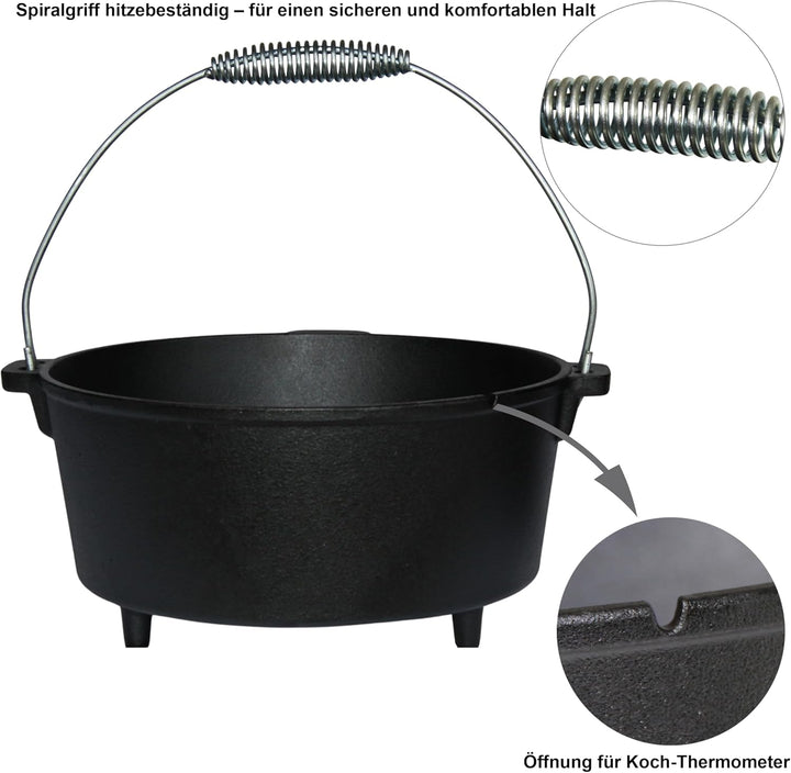 Dutch Oven Set Gusseisen 1,8L-13,6L – Feuertopf mit Deckelheber, Schmortopf mit & ohne Füsse, Schlit