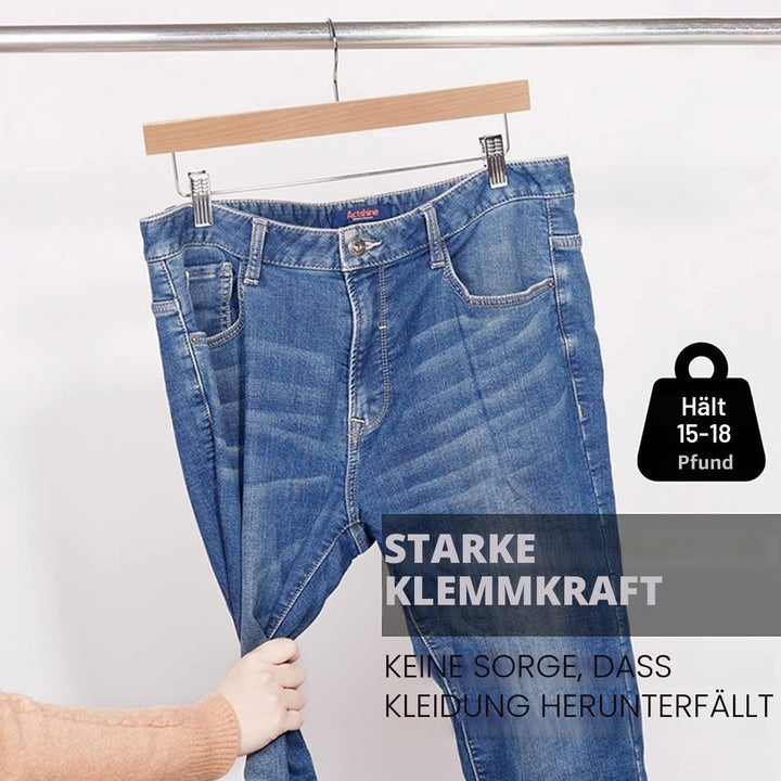 Amber Home 10 Stück 35,5cm Kleiderbügel aus Holz für Hose, Natürliche | Verstellbare Rutschfest Clip