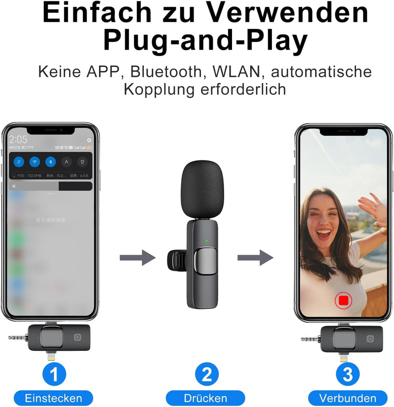 Lavalier Mikrofon Wireless, Bluetooth Mini Mikrofon für iPhone Android Kamera Computer Laptop, Mikro