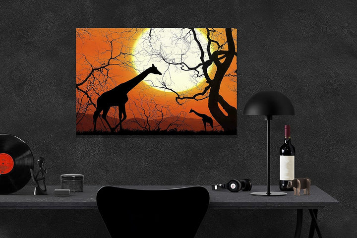 Leinwandbilder mit Giraffen, Bäume und Sonne, gerahmt, Wandkunst, Heimbüro, Arbeitsposter, Kunstwerk