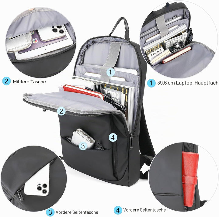 AUGUR Business Slim Rucksack Herren 15,6 Zoll wasserdicht Laptop-Rucksack leichte kleine Rucksäcke f