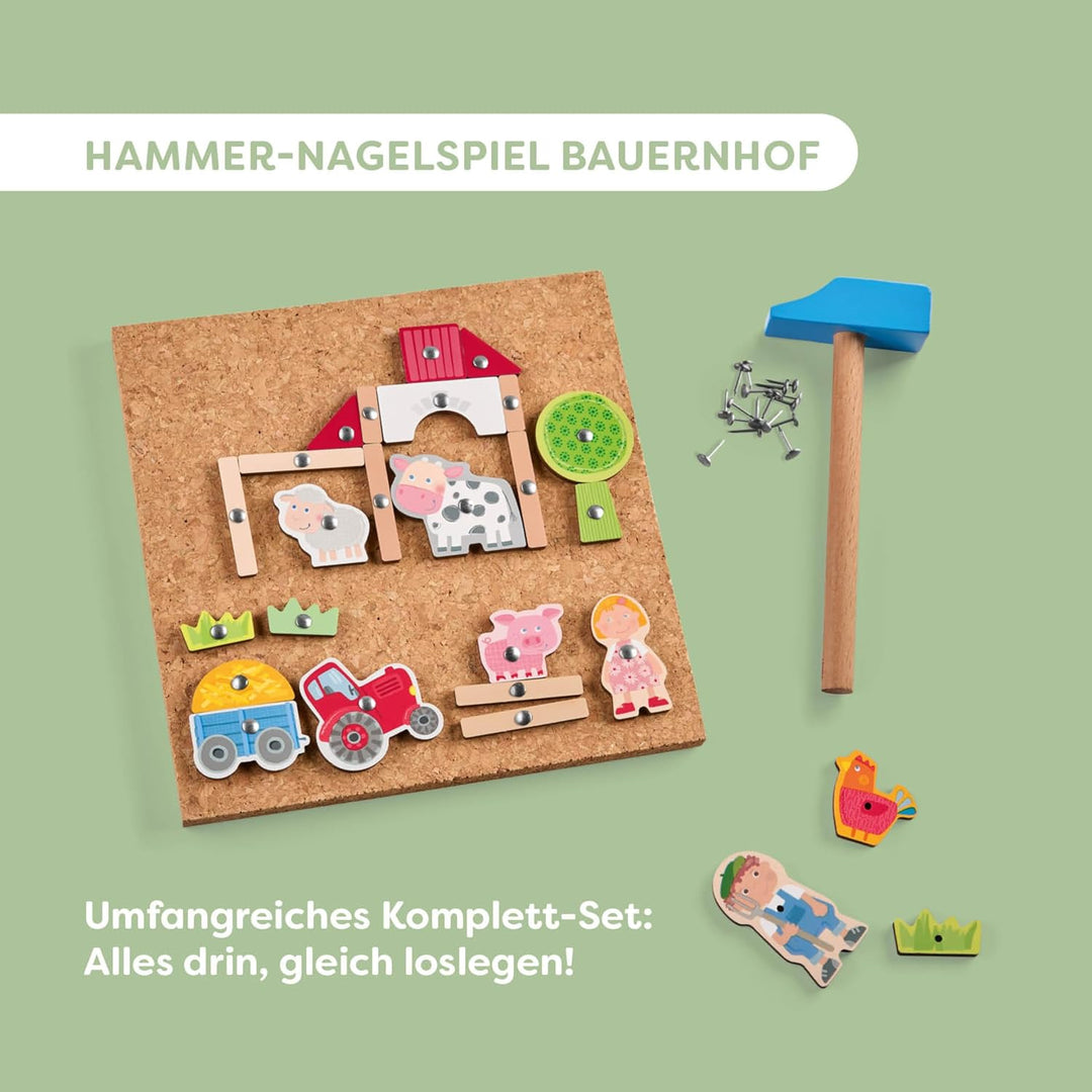 HABA Hammer-Nagelspiel: Bauernhof – Holzspielzeug mit Hammer und Nägel für Kinder ab 3 Jahren – Krea