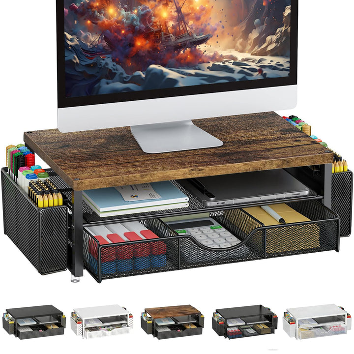 Monitorständer mit Schublade, Schreibtischorganizer und Zubehör, 2-stufiger Computer Monitor Erhöhun