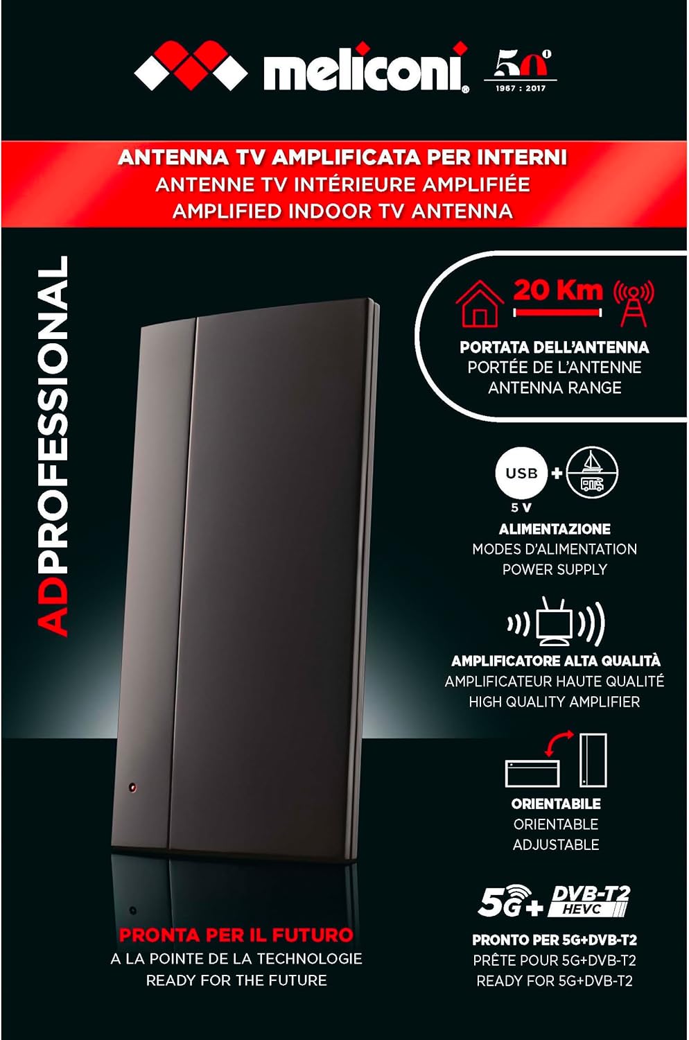 Meliconi AD Professional R1 TV-Antenne für den Innenbereich, mit 4G und 5G Filtern, für DVB-T2 HEVC