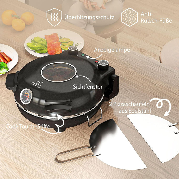 HOMCOM Pizzaofen elektrisch 430 ℃, 1200 Watt Pizzabäcker mit 30cm Steinplatte Timer Sichtfenster Übe