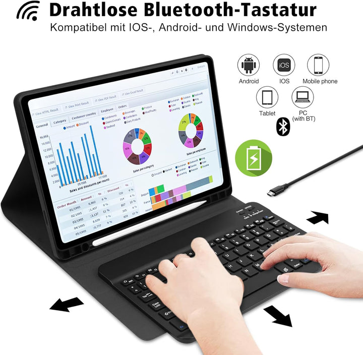 Samsung Galaxy Tab A9 Plus Hülle mit Tastatur, QWERTZ Deutsches Layout Bluetooth Tastatur mit Stifth