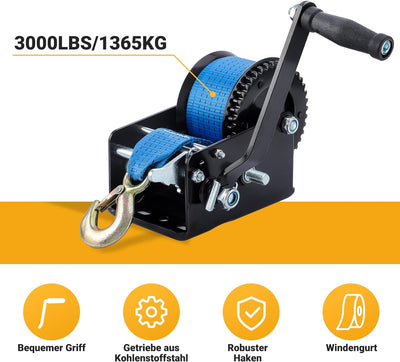 Pindex Handseilwinde Seilwinde mit 10m Polyester Seilzug, 1365kg, 4:1 8:1, Manuelle Handseilzug Boot