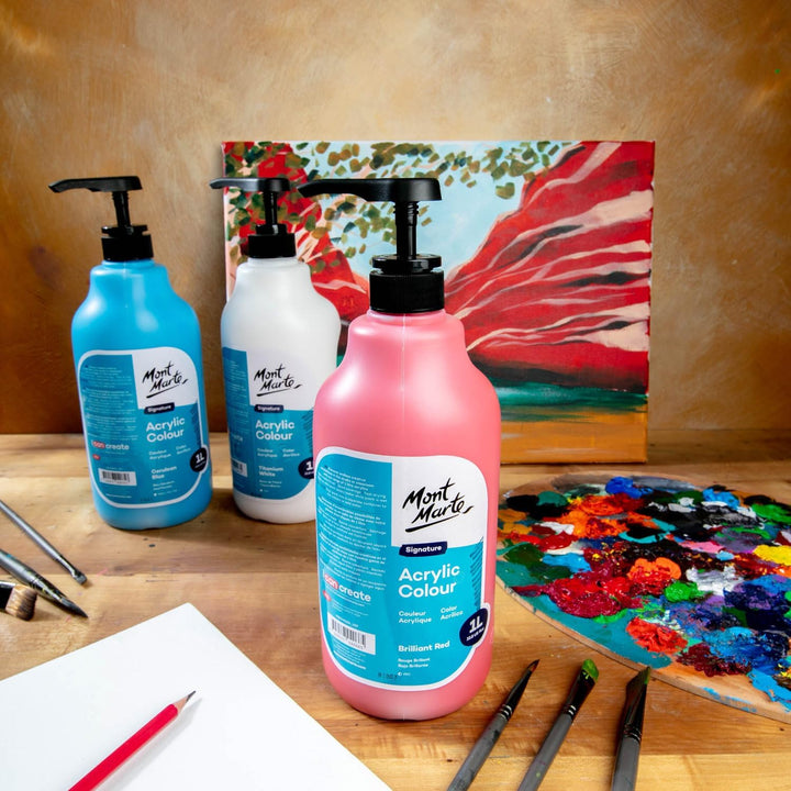 Mont Marte Hochwertiger Acrylfarben Set 12 Farbe x1L Perfekt Geeignet für Leinwand, Holz, Stoff, Led