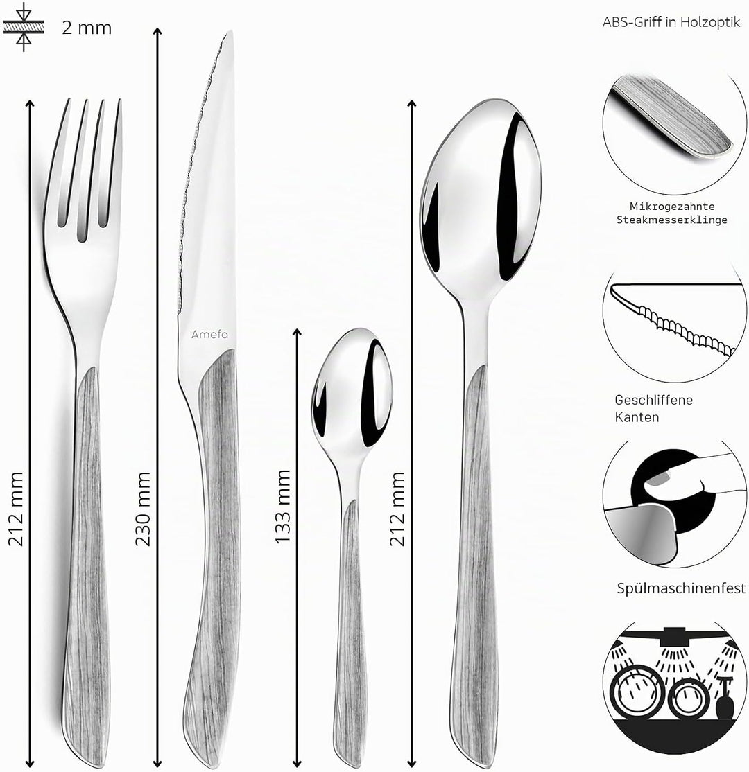 Amefa ECLAT Besteck Set | NATURE Grau Holz | Essbesteck 24-teilig für 6 Personen | Edelstahl rostfre