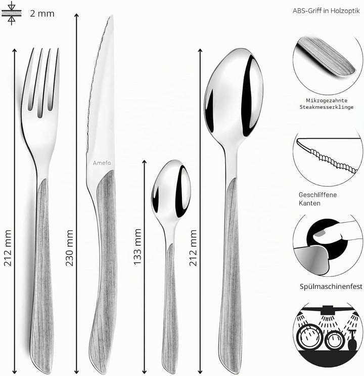 Amefa ECLAT Besteck Set | NATURE Grau Holz | Essbesteck 24-teilig für 6 Personen | Edelstahl rostfre