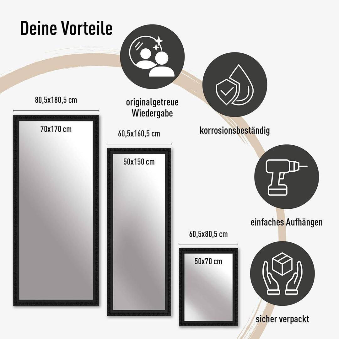 Wandspiegel, 70 x 170 cm, Holz, Schwarz, Ganzkörperspiegel für alle Wohnbereiche, Hoch- & Querformat