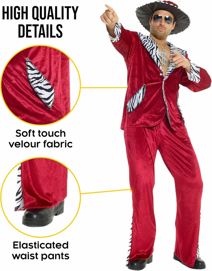 Morph Rotes Pimp Kostüm für Herren, 70er Jahre Outfit, Perfekt für Vegas und Halloween XL, XL
