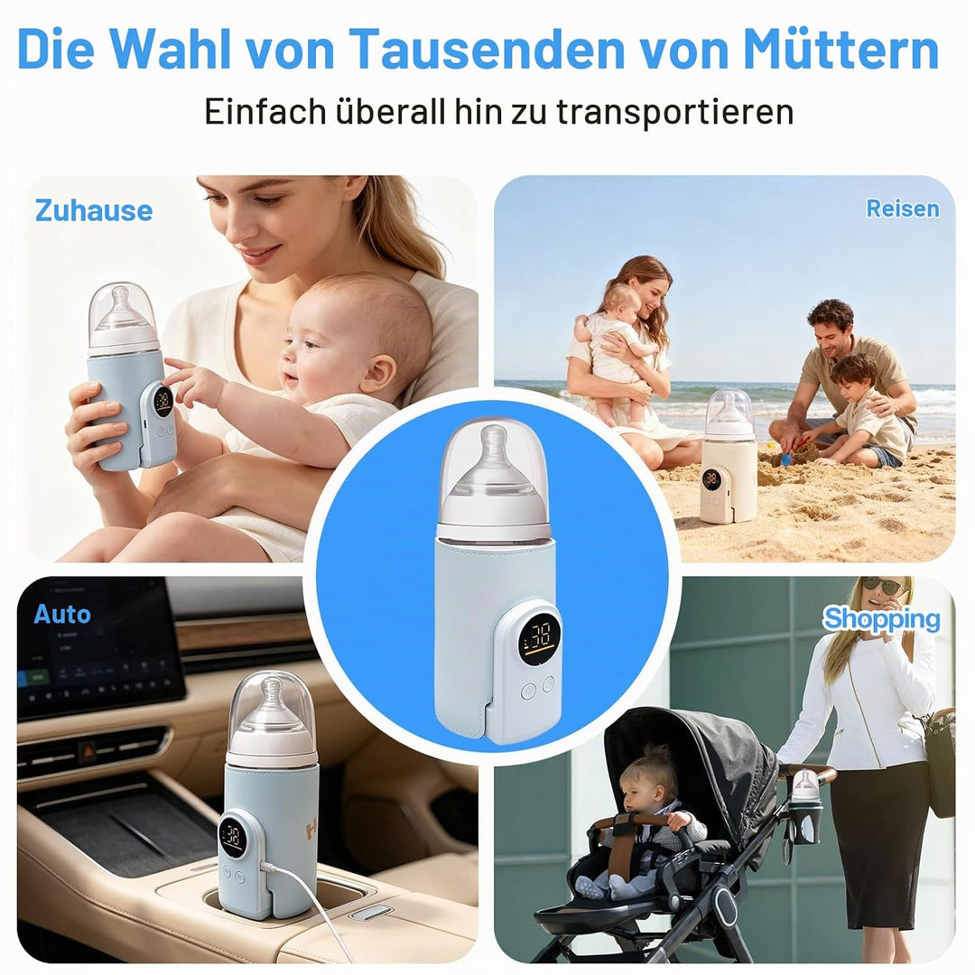 Flaschenwärmer Baby mit 6-Temperaturstufen (38°C-50°C), Tragbarer Flaschenwärmer Akku mit LCD-Displa