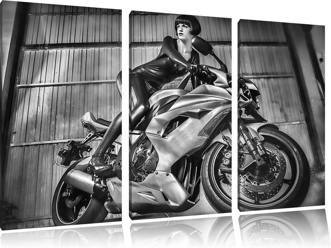 Pixxprint Sexy Neon grünes Bike mit Model 3Teiler 120x80 cm Leinwandbild Wandbild Kunstdruck