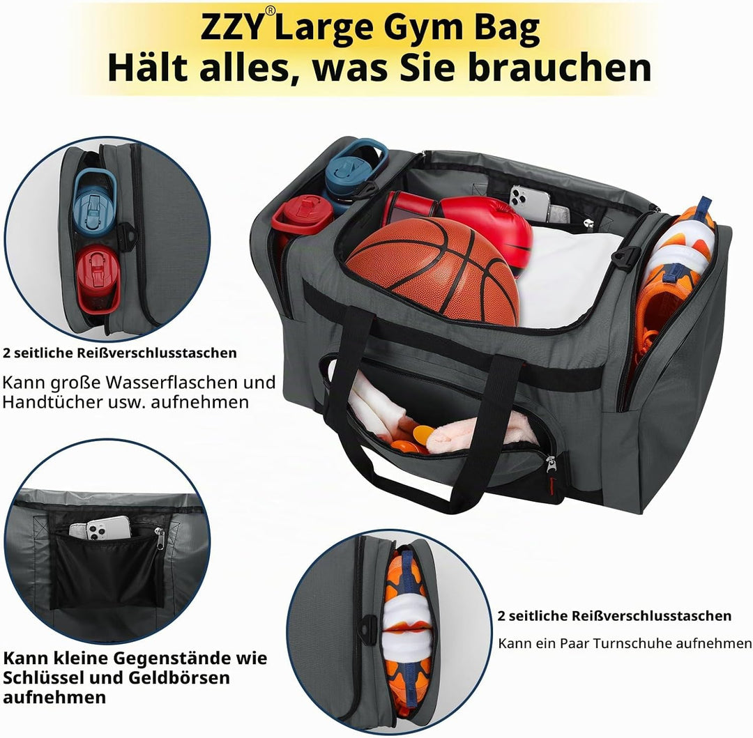 ZZY 55L Sporttasche Herren mit 2 Seitentaschen grosse Reisetasche für Fitness, Training und Reisen 5