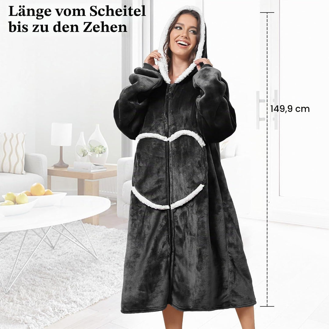 Decke mit Ärmeln und Kapuze, Kuscheldecke Hoodiedecken mit Reissverschluss und Taschen Schwarz, Schw