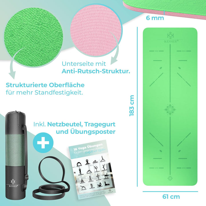 KESSER® Gymnastikmatte mit Tragegurt rutschfest TPE Yogamatte Gepolstert & rutschfest Fitnessmatte,