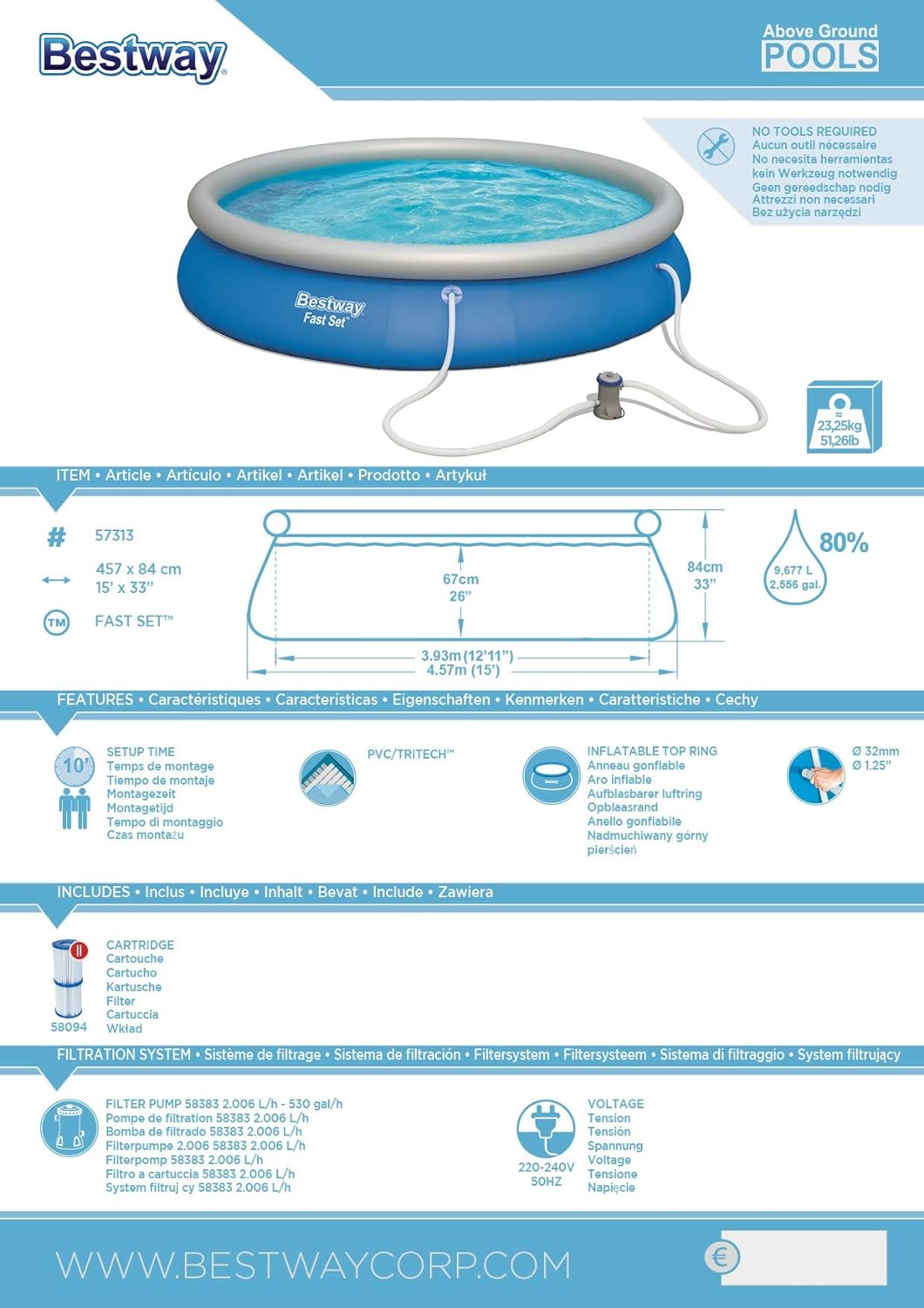 Bestway Fast Set™ Pool, 457 x 84 cm, Set mit Filterpumpe, rund, blau, 457 x 84 cm