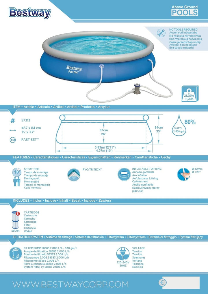Bestway Fast Set™ Pool, 457 x 84 cm, Set mit Filterpumpe, rund, blau, 457 x 84 cm