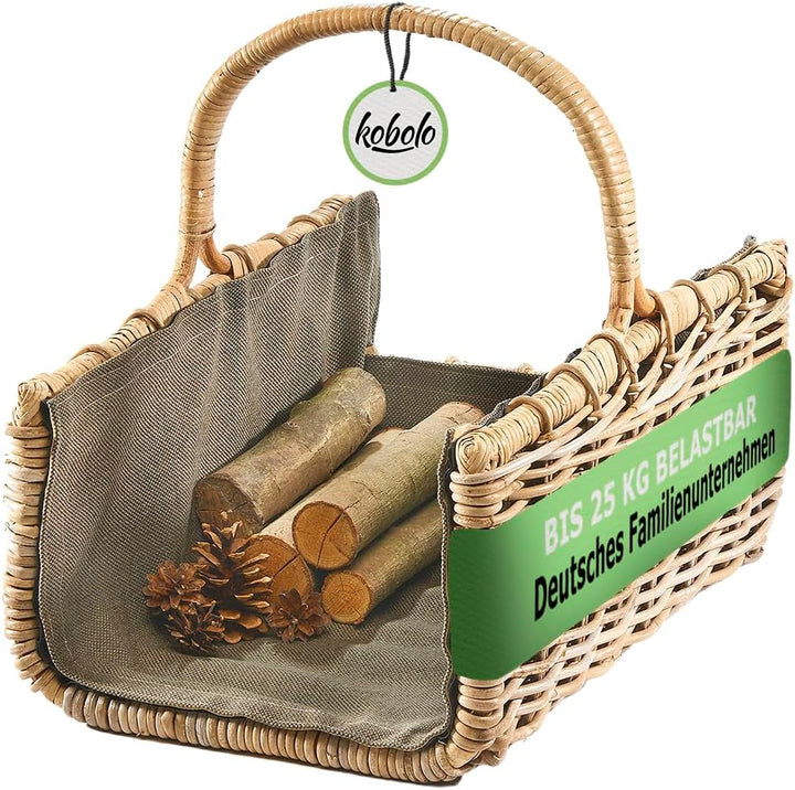 Kobolo Holztrage Holzkorb für Kaminholz eckig - Rattan grau - mit dunklem Stoff ausgestattet