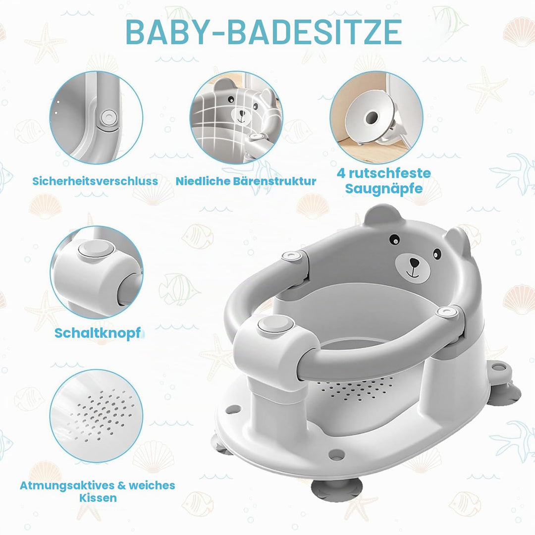 Baby Badewannensitz mit Bären-Design, rutschfest durch 4 Saugnäpfe, gepolsterter Sitz, BPA-frei &amp; sc