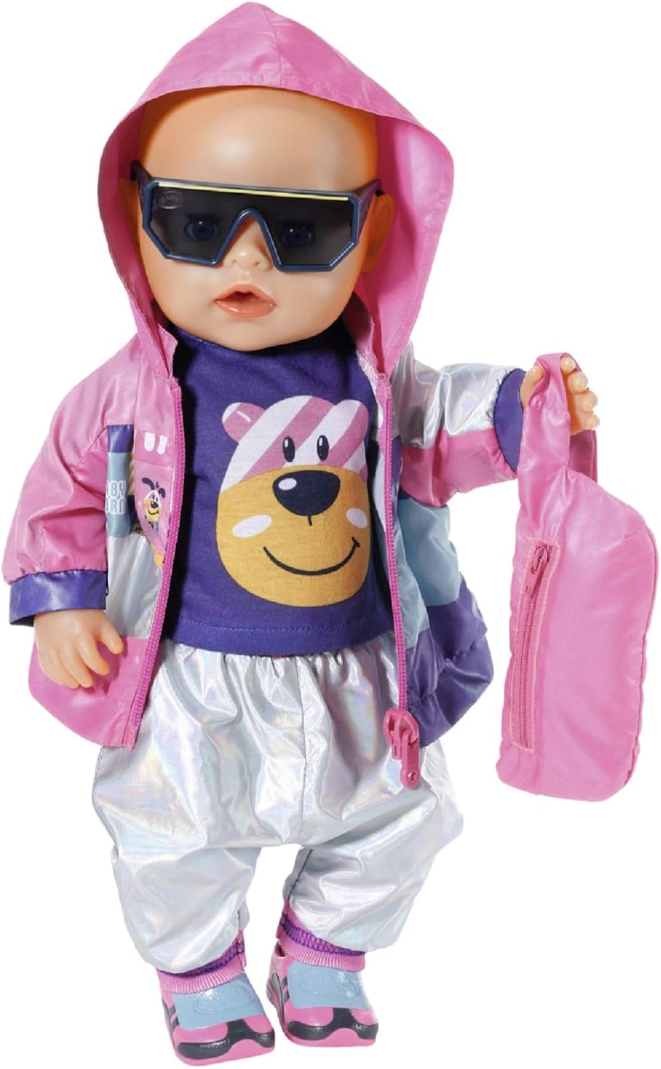 BABY born Zapf Creation 830031 Deluxe Fahrrad Set für 43cm Puppen mit rosa Jacke, lila Shirt, Silber