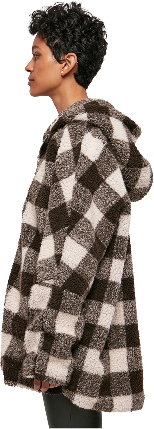 Urban Classics Ladies Hooded Oversized Check Sherpa Jacket Frauen Übergangsjacke braun S pink/brown,