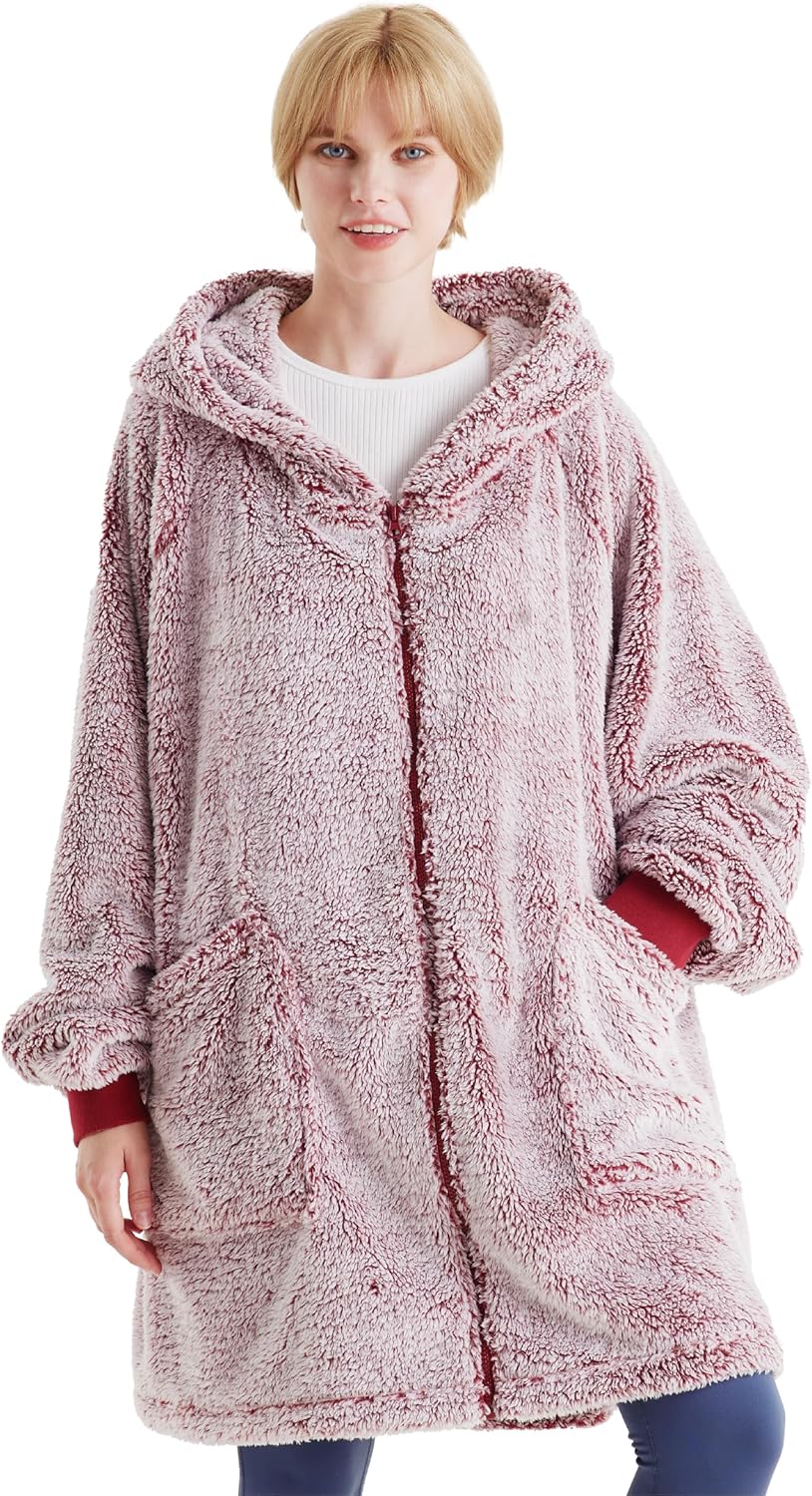 BEDSURE Hoodie Decke mit Ärmeln - Sherpa Deckenpullover mit Reissverschluss und Kapuze Rot, Tragbare