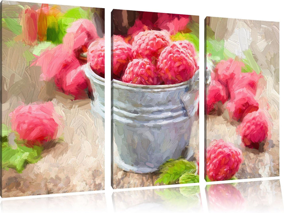 Pixxprint Himbeeren im Blecheimer als Leinwandbild/Grösse: 3 Teilig (120x80 cm) cm/Wandbild/Kunstdru