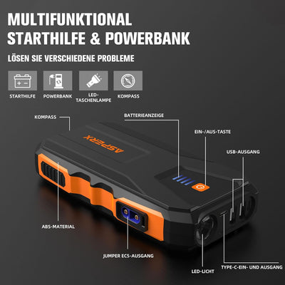 ASPERX Starthilfe Powerbank 3000A 12V(Bis Zu 10,0L Benzin oder 8,0L Diesel) Auto Starthilfe mit LED