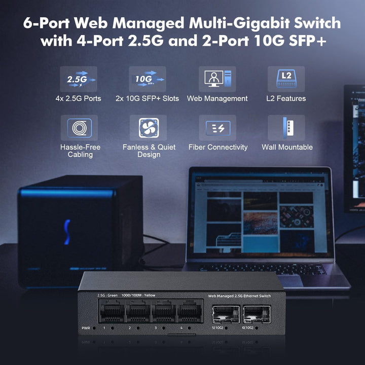 YuLinca 6 Port 2.5G Easy Web Managed Switch, 4 x 2.5Gbps Base-T Ports und 2 x 10G SFP+ Slot, unterst