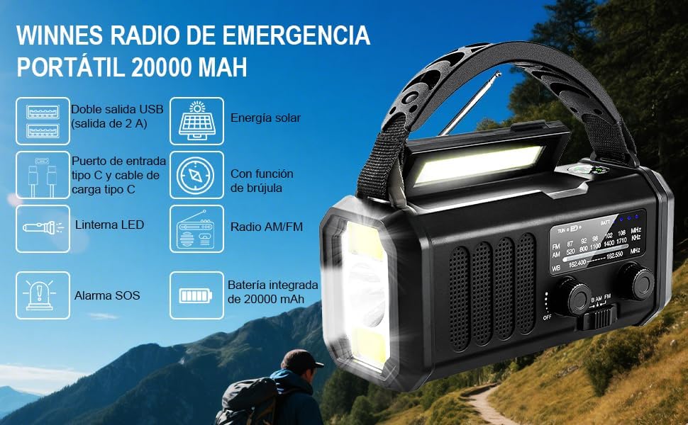 Tragbares Notfallradio 20000 mAh, SOS-Alarm, FM/AM-Radio mit Leselampe, Kompass, Kurbelgenerator und