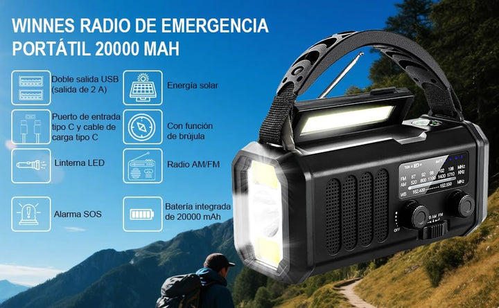 Tragbares Notfallradio 20000 mAh, SOS-Alarm, FM/AM-Radio mit Leselampe, Kompass, Kurbelgenerator und