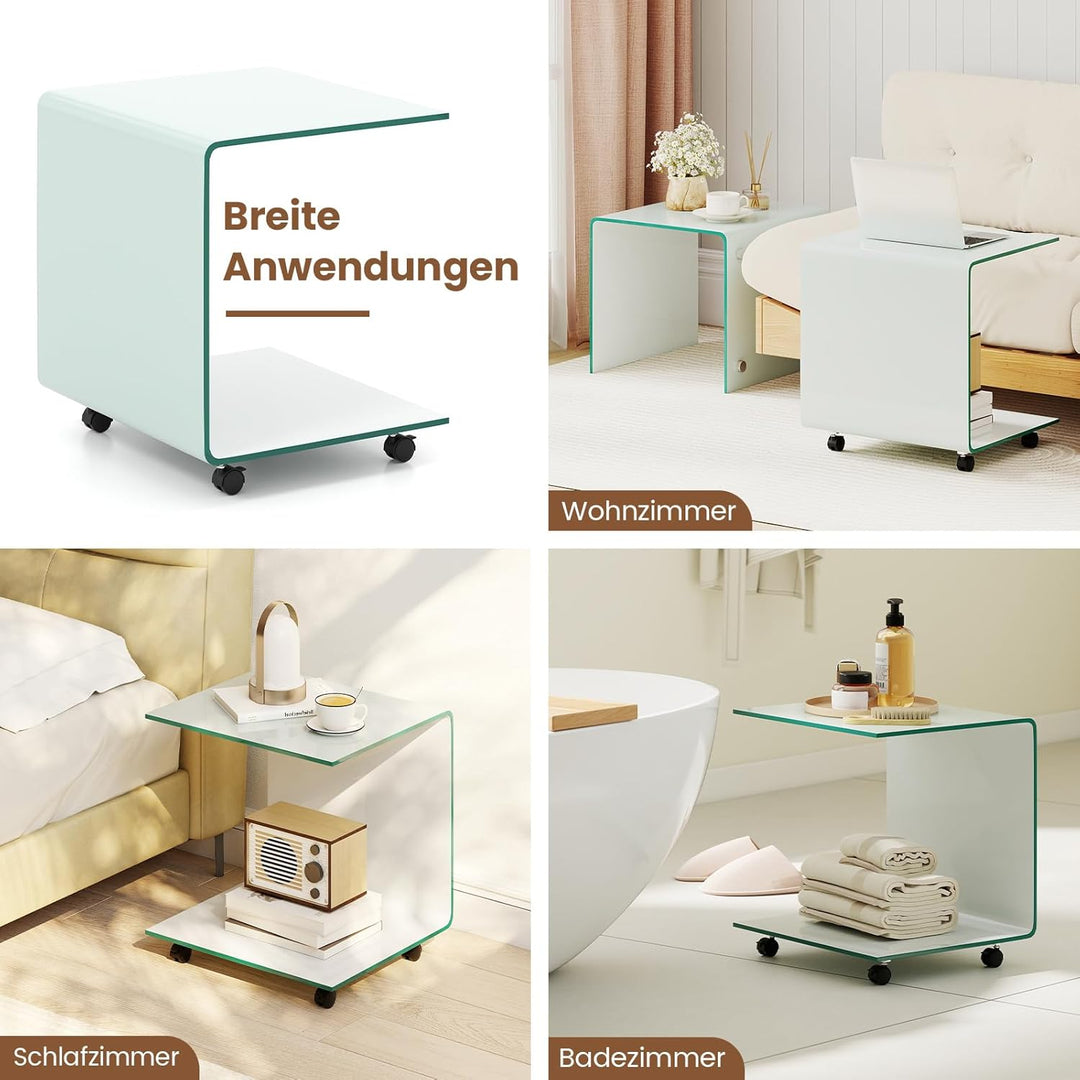 COSTWAY Beistelltisch aus gehärtetem Glas mit Rollen, Glastisch C-Form, Nachttisch, Sofatisch, Kaffe