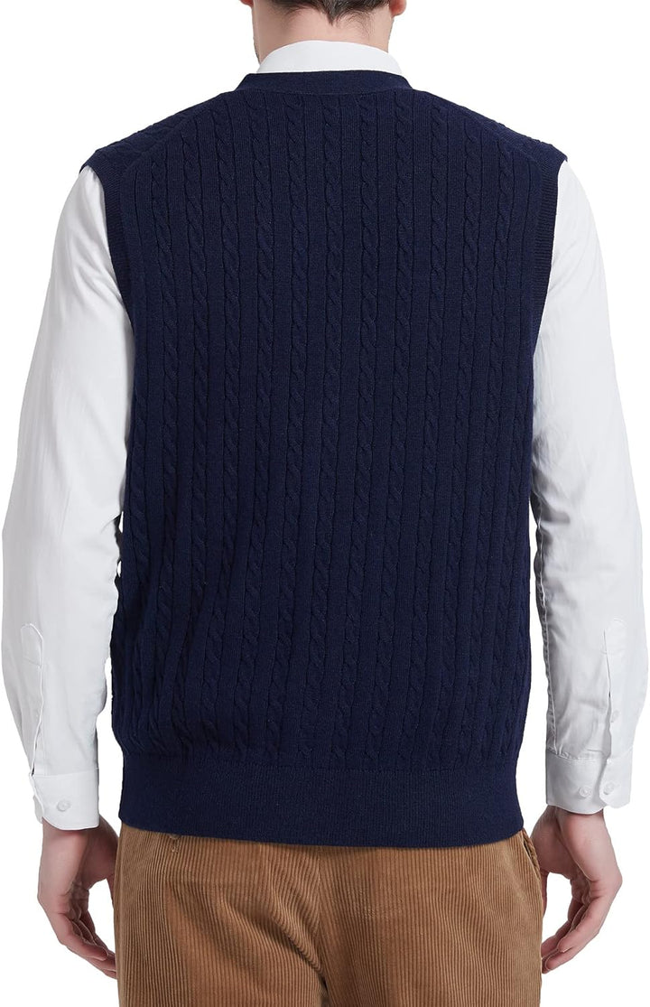 Kallspin Herren Strickweste Ärmellos Cardigan Wollmischung mit Zopfmuster und Knöpfen L Marineblau,