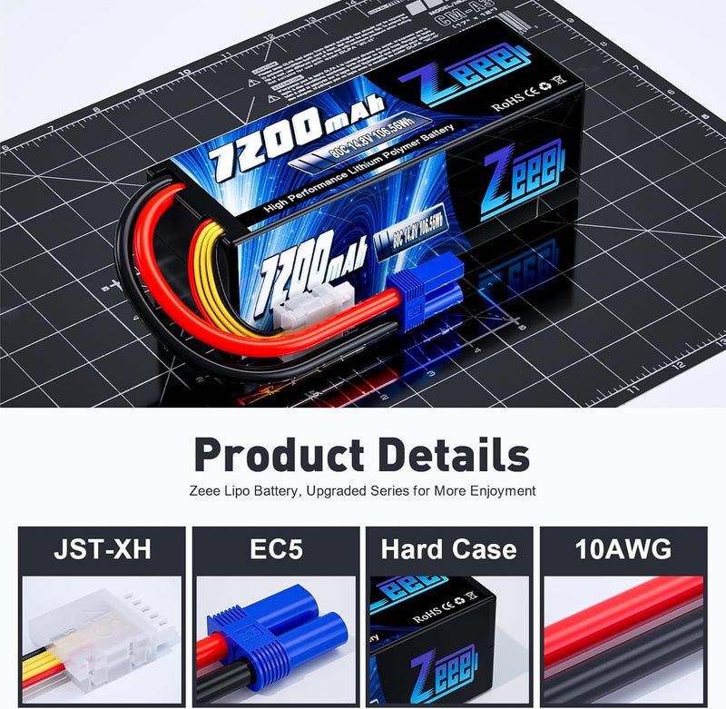 Zeee 4S Lipo Akku 14,8V 80C 7200mAh RC Akku Hartschalenk mit EC5 Anschluss für RC Auto LKW Tank Bugg