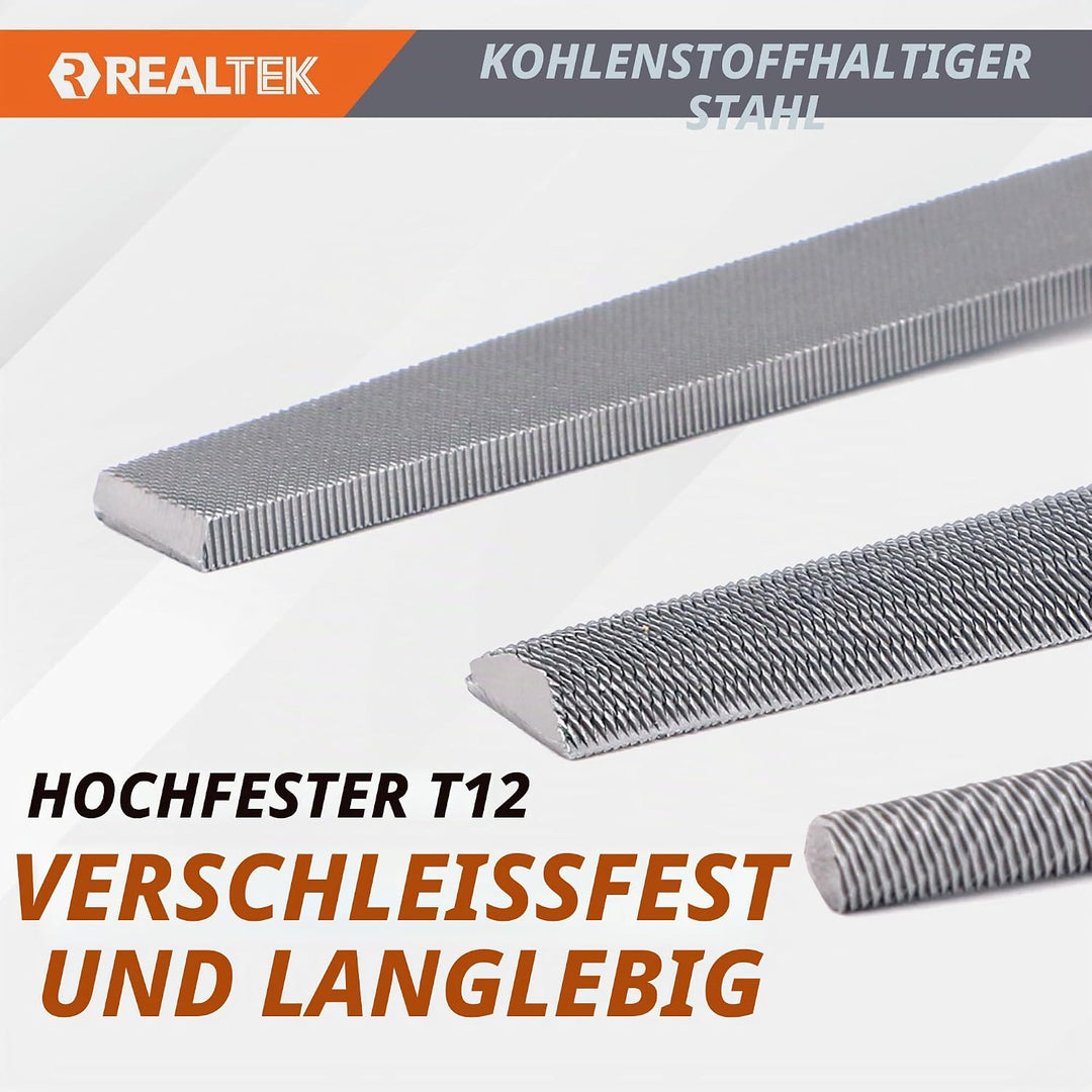 REALTEK Feilenset Metall 3tlg. inkl. Flachstumpfeile, Halbrundfeile, Rundfeile, 200mm, Metallfeile m