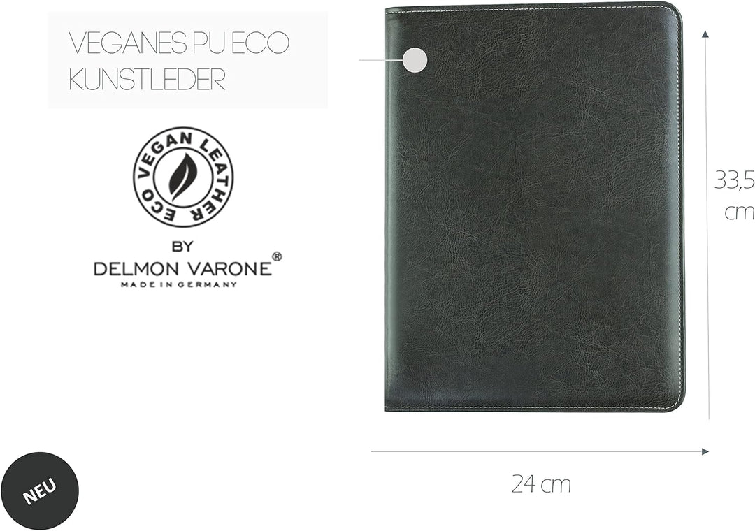 DELMON VARONE - Tablet Schreibmappe mit Reissverschluss inkl. Notizblock DIN A4 aus veganem Eco Kuns
