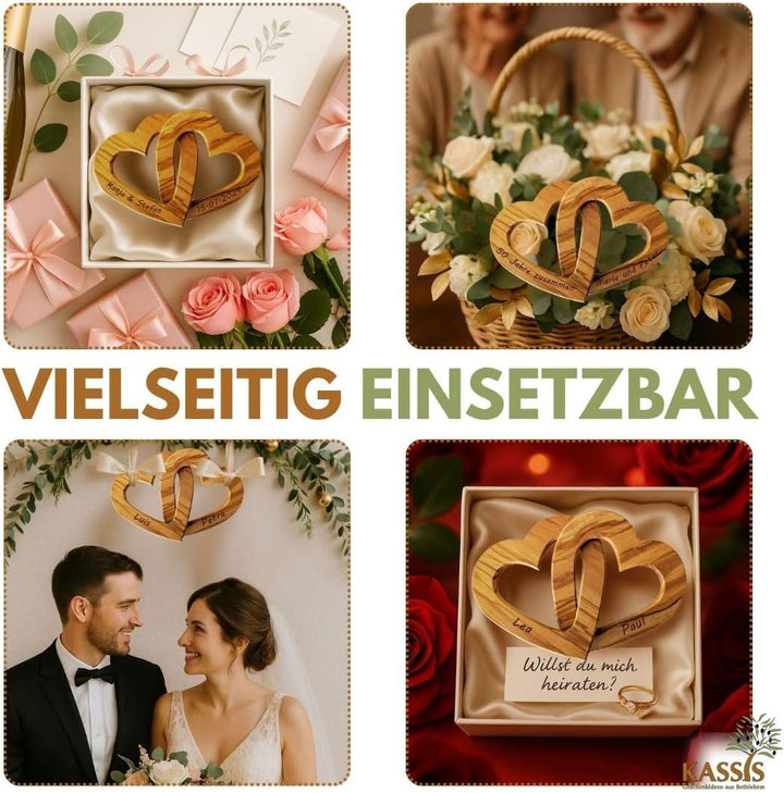 Kassis Geschenkartikel Personalisierte Olivenholz-Herzen für Brautpaar, zum Valentinstag, Jubiläum,
