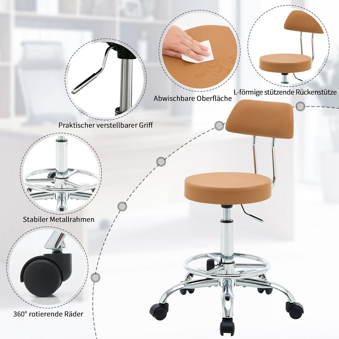 FIRAVOE Rollhocker höhenverstellbar 49,5–67,6 cm mit Rückenlehne und Fussstütze, ergonomischer Drehh