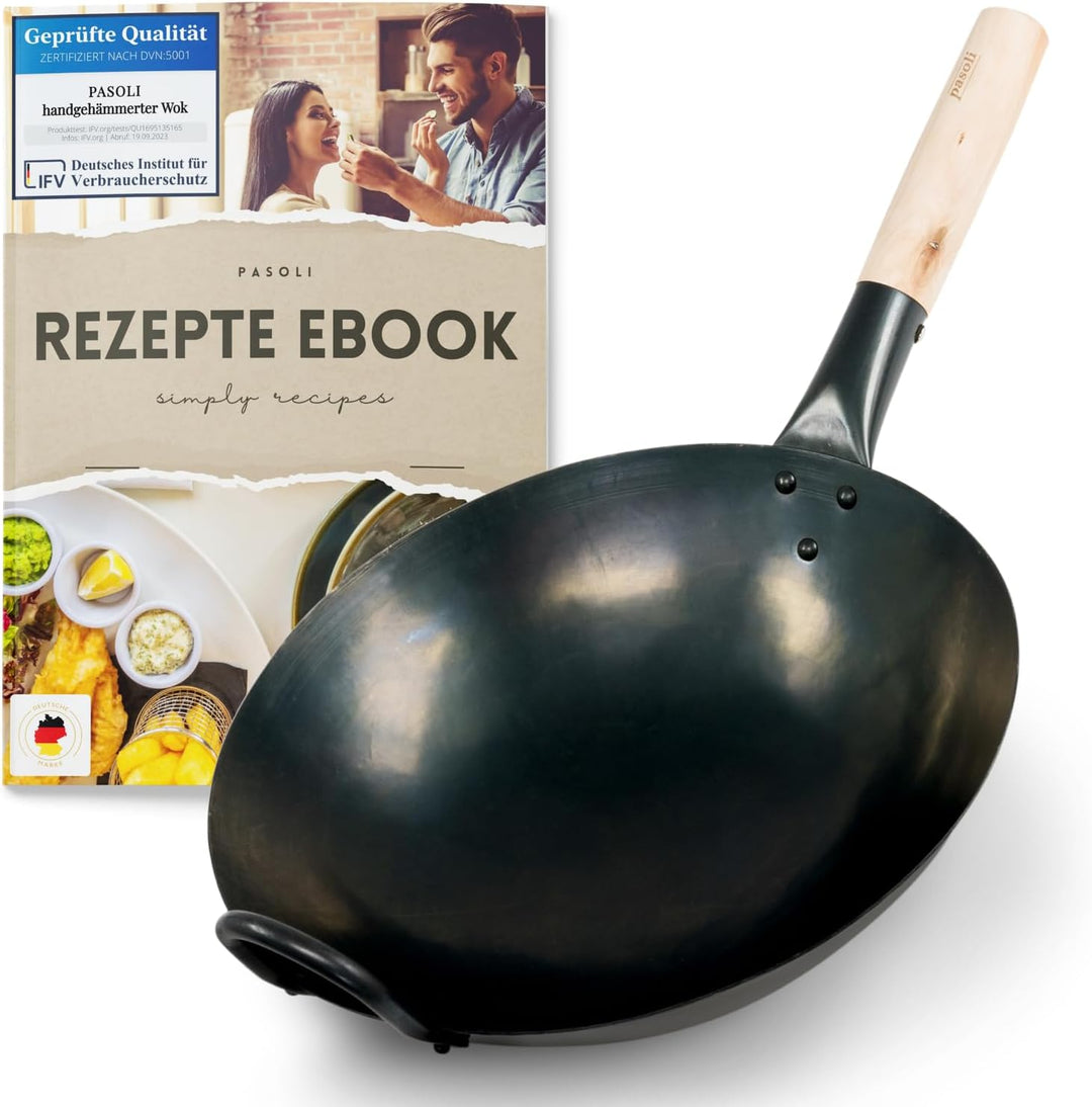 pasoli Wok für Gasherd und Grill inkl. gratis Rezepte eBook - voreingebrannt - Asiapfanne mit rundem